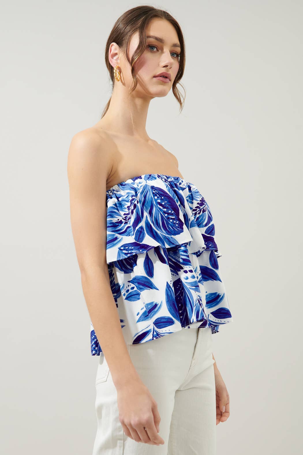 Dawson Palm Print Strapless Ruffle Top