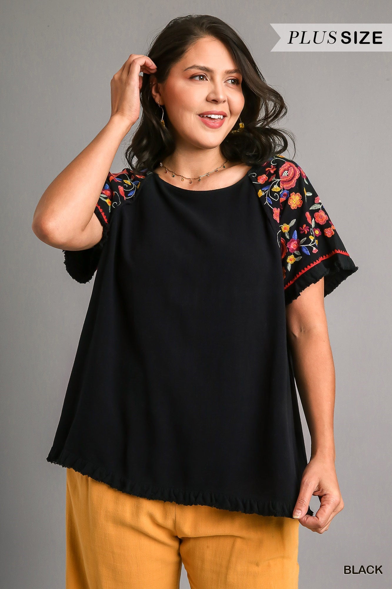 Plus Size Black Linen Blend Top with Embroidery Bell Sleeve & Unfinished Frayed Hem