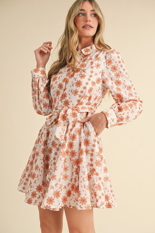 Floral Embroidery Button Down Dress