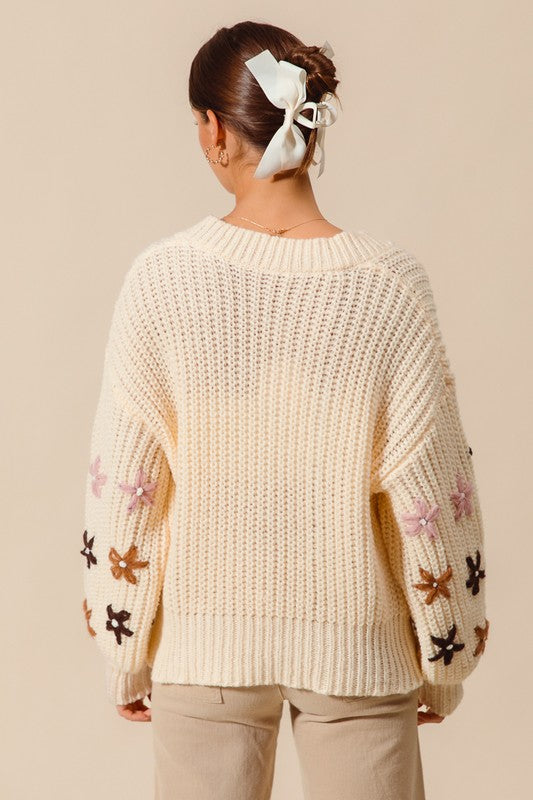 V Neck Floral Sleeve Sweater